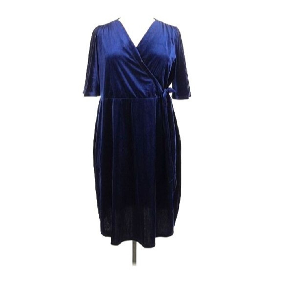 Tiana B Sapphire Blue Velvet Faux Wrap Party Dress 1X Romantic Glam